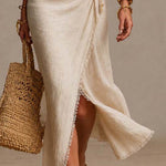 Beige faux-linen wrap maxi dress with lace trim