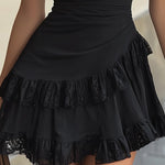 Black Lace V Neck Ruffle Hem Mini Dress