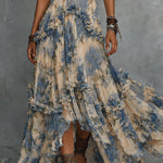 Elegant strapless printed chiffon maxi dress with  ruffles