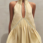 Yellow Sleeveless Mini Dress with Deep V-Neck and Lace Trim