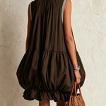Brown sleeveless mini dress with a bubble hem