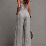 Bohemian Grey Lace-Trimmed Pleated Wide-Leg Jumpsuit