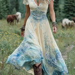 Deep V-neck short-sleeve dress with a creative patterned motif