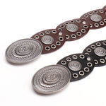 Oval stitching waist belt with large round pattern alloy buckle