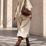 Oversized layered-collar toggle-fastening top and wide-leg trousers set