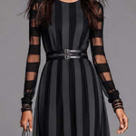 Gothic Striped Mesh Long-Sleeve Maxi Dress(Belt included)