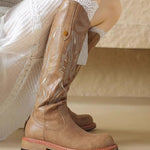 Brown embroidered back zipper long boots
