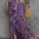 Elegant Purple Floral Chiffon Halter Maxi Dress
