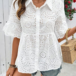 Women's White Short-Sleeve Shirt with Openwork Embroidery