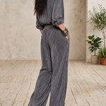 Grey lustrous corduroy shirt and high-waisted trousers set