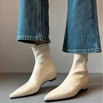Pointed-toe soft leather stretch boots with back zipper wedge boots