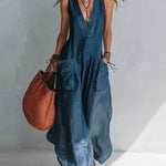Solid-color V-neck loose-fit Euro-American style jumpsuit with large pockets