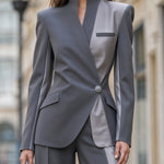 Asymmetric Contrast Panel Structured Blazer & Wide-Leg Pants Set