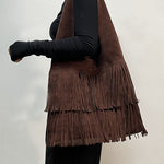 Retro versatile coffee suede tassel large bag