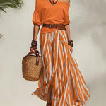 Women's off-shoulder puff-sleeve top and striped skirt set(Includes belt)