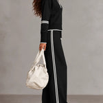 White Half-zip Collar Ribbed Sweatshirt And Color-blocked Wide-leg Pants Suit