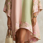 Green and Pink Color-Block Floral-Trim Midi Dress