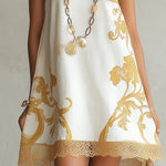 White Gold Printed Lace Trim Mini Dress