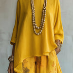 Yellow Asymmetrical Top and Floral Wide-Leg Pants Set