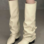 High-top belt buckle pointed toe thick-heeled boots