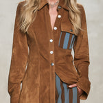 Retro Faux Suede Shirt And Vertical Striped Trousers Set