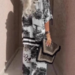 Casual V-neck printed short-sleeved top and wide-leg pants set