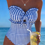 Slimming Strapless Striped and Checkered One-Piece Swimsuit