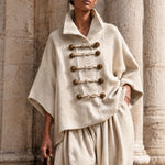 Oversized layered-collar toggle-fastening top and wide-leg trousers set