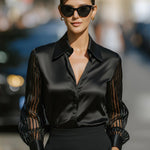 Black Spliced Satin Long-sleeved Loose-fitting Shirt