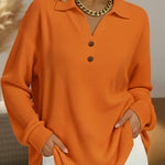 Stylish Solid-Color Loose-Fit Long-Sleeve Waffle-Knit Pullover with V-Neck and Buttons