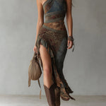 Elena™ | Printed One-Shoulder Maxi Dress with Ruffled Slit