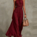Solid Color Chiffon Halter Maxi Dress