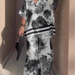 Casual V-neck printed short-sleeved top and wide-leg pants set