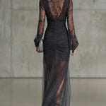 Dark Grey Lace Ruched Sheer Long Sleeve Slit Maxi Dress