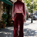 Burgundy velvet leopard-print ombre top and wide-leg trousers set