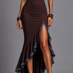 Retro Lace-Trimmed Ruffled-Hem High-Slit Maxi Dress
