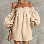 Pink Off-shoulder Lantern Sleeve A-line Loose Mini Dress