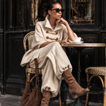 Oversized layered-collar toggle-fastening top and wide-leg trousers set