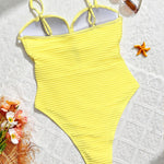 Solid-Color Vertical-Striped Openwork Tie-Side One-Piece Swimsuit