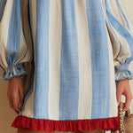 Blue and white striped off-the-shoulder mini dress with a contrasting hem