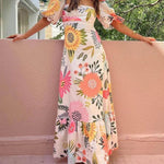 Square Neck Floral Print Bubble Sleeve Maxi Dress