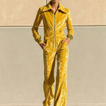 Stylish Retro Yellow Velvet Zipper Long-Sleeved Jumpsuit