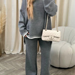 Casual color-blocked solid color sweater loose two-piece set
