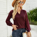 Zeagoo V Neck Tops Solid Color Blouse Long Sleeve Pullover Lace Patchwork Shirt