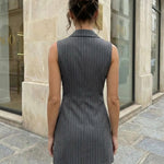 Grey Pinstripe Halter Double Breasted Blazer Mini Dress