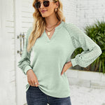 Zeagoo V Neck Tops Solid Color Blouse Long Sleeve Pullover Lace Patchwork Shirt