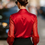 Black Spliced Satin Long-sleeved Loose-fitting Shirt