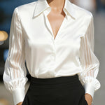Black Spliced Satin Long-sleeved Loose-fitting Shirt