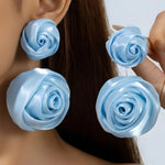 Light Blue Double Satin Rose Statement Drop Earrings