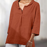 Zeagoo Lapel Neck Loose Fit V-Neck Tops Summer Casual 3/4 Sleeve Asymmetrical Hem Blouse
